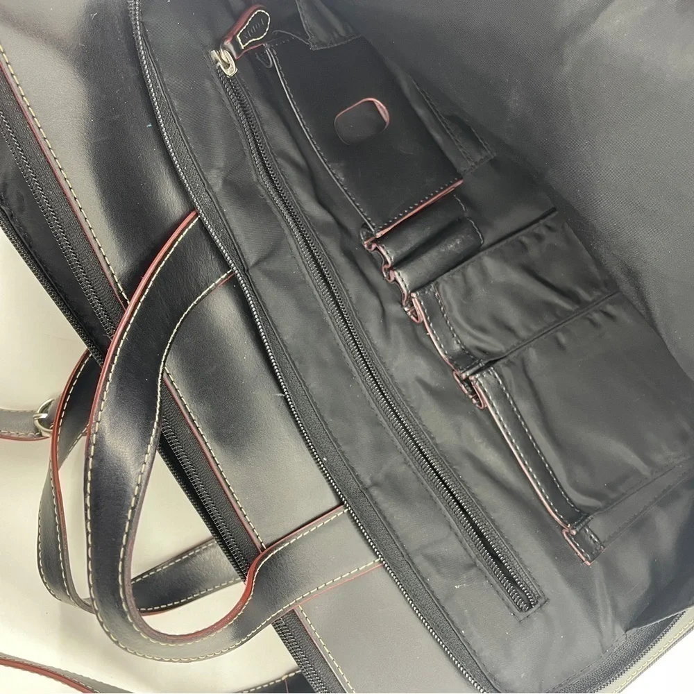Lodis Laptop Bag Black Leather Red Trim Shoulder Strap Briefcase Career Pockets